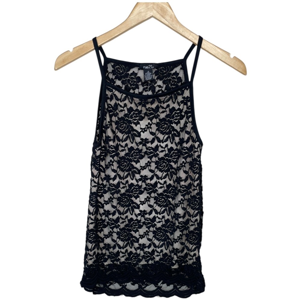 Womens Lace Tank‎ Top Black Cami Size M Stretch Dark Floral Lined Whimsigoth